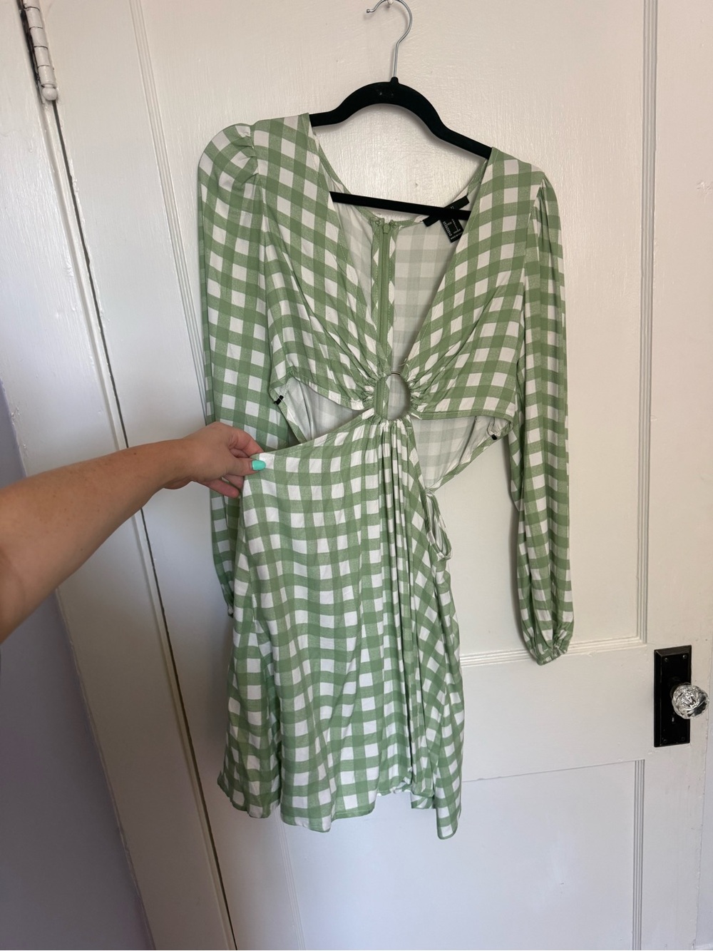Forever 21 White and Green Gingham Ring-Front Mini Dress